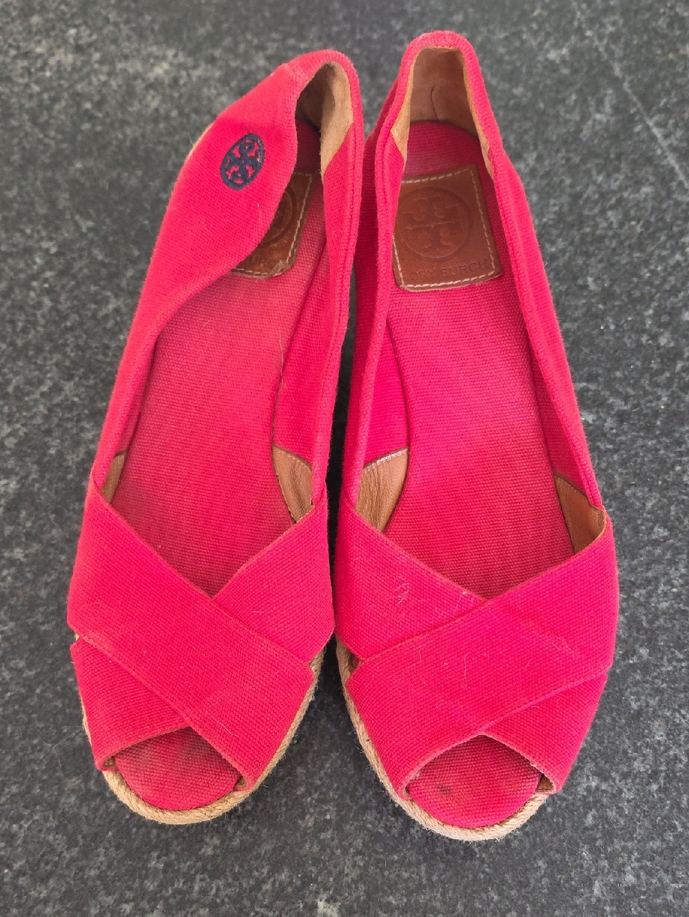 Tory Burch Red Canvas Peep-Toe Espadrilles